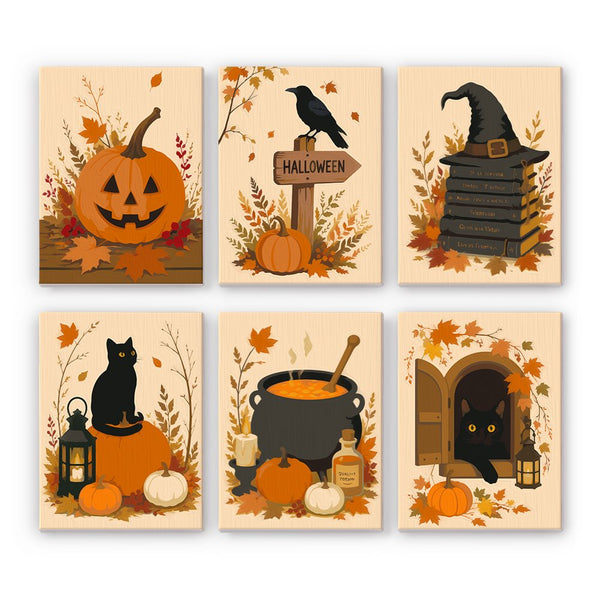 Autumn Leaf Halloween mini paint by numbers set showing all six Halloween designs
