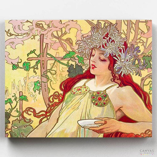 Autumn. Autumn is a stunning paint by numbers piece depicting Mucha's artwork. Enjoy a creative experience with our quality painting kits made by professionals.
