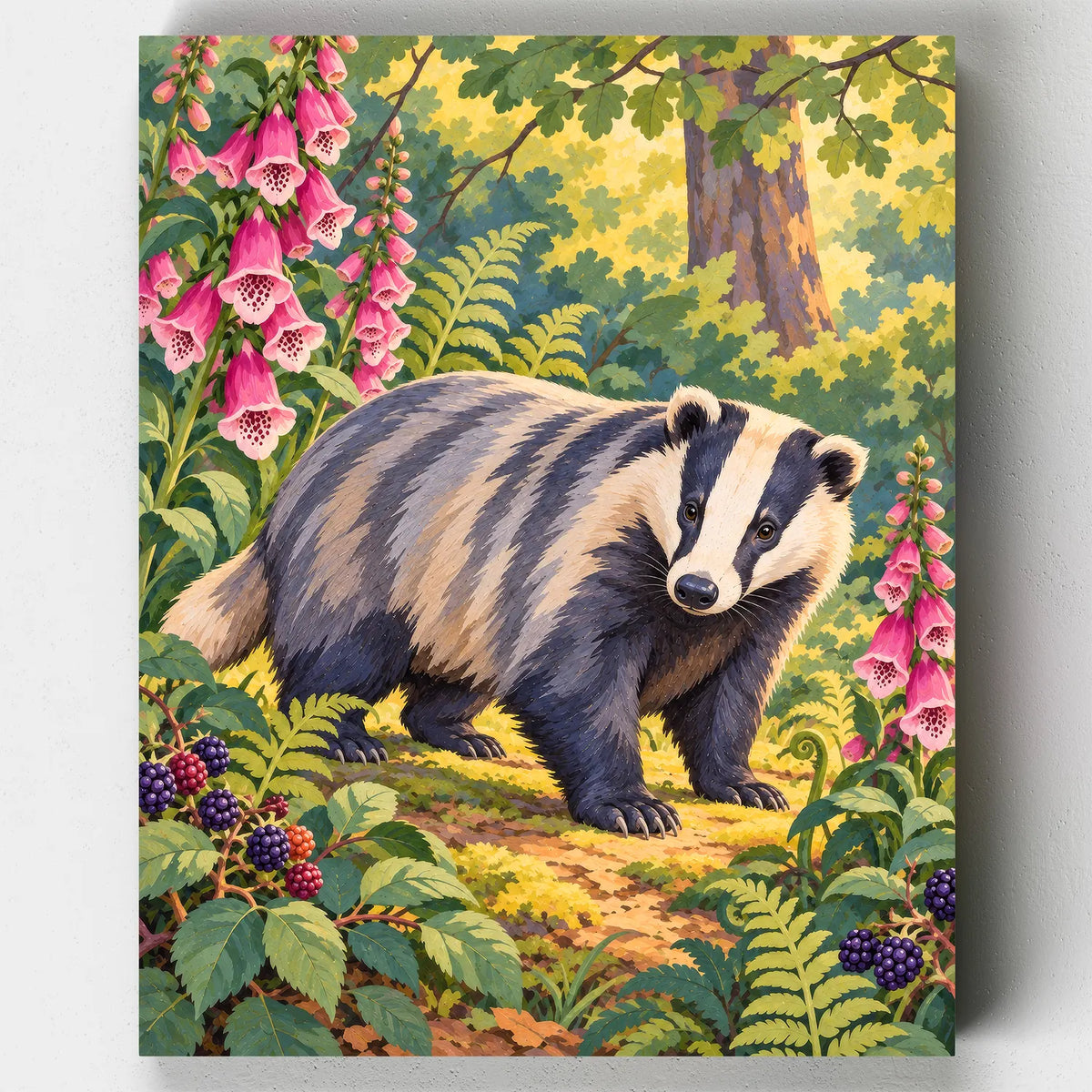 Badger and Foxgloves paint by numbers kit with a badger in the woods among foxgloves and blackberries