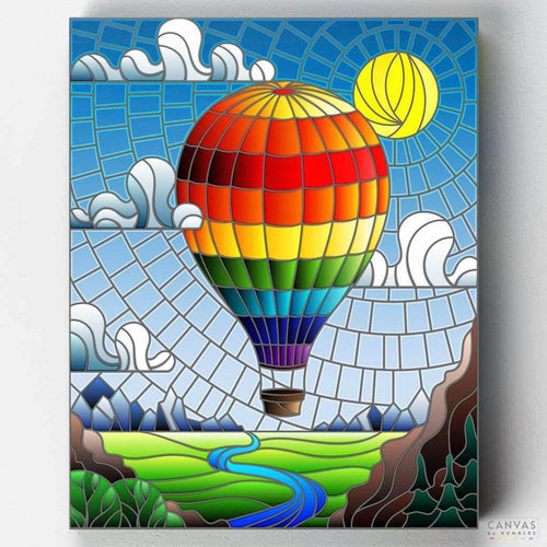 Balloon Flight. Create a vibrant 'Stained Glass Hot Air Balloon' painting with our paint by numbers kit. Perfect for adding a colorful touch to your space.