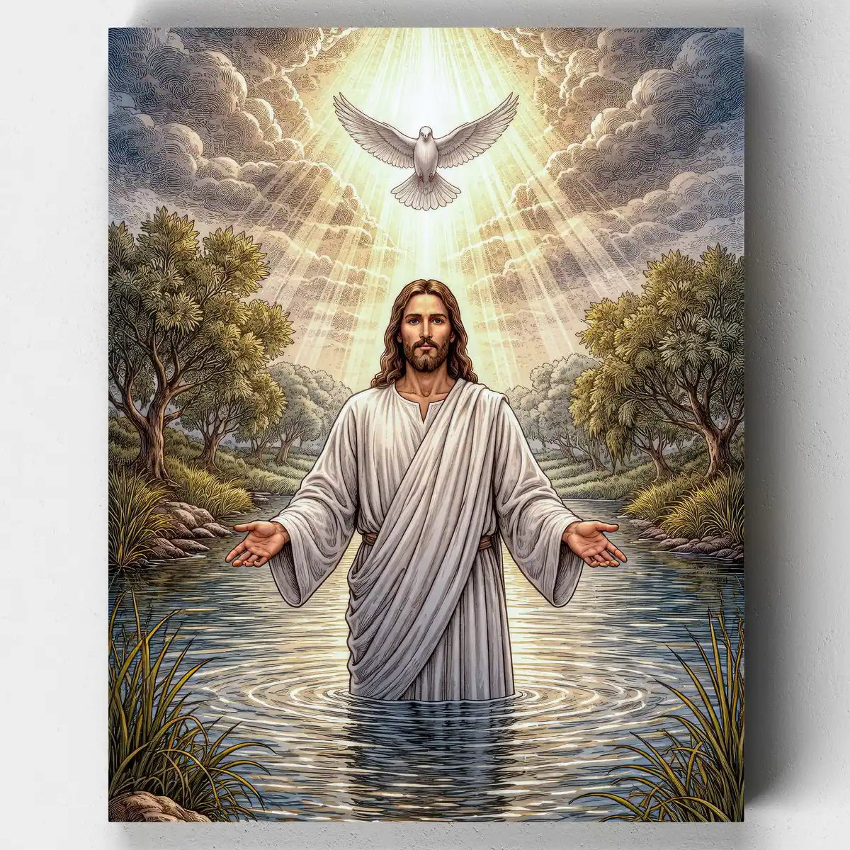 Painting of a religious figure with a dove and natural scenery