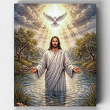 Painting of a religious figure with a dove and natural scenery