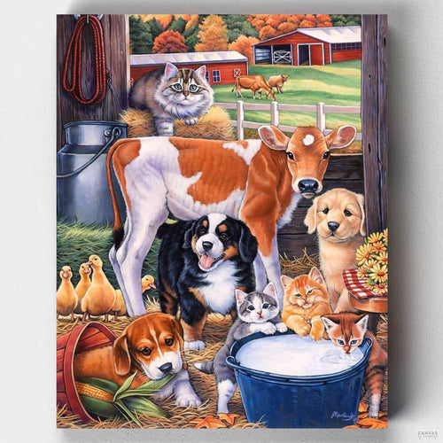 Barn Pals. Enjoy painting by numbers this cute countryside scene! If you love farm animals, nothing beats Barn Pals by Jenny Newland. Exclusive to Canvas by Numbers.
