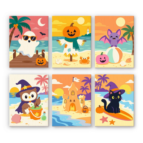 Beach Day Spooks mini paint by numbers set showing all six Halloween designs