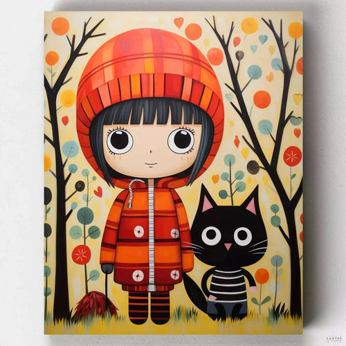 Best Friends Forever. Create a whimsical scene with our Girl and Cat cartoon painting by numbers kit. Perfect for adding a playful touch to your art collection.