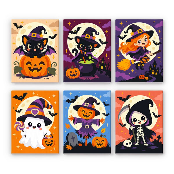 Big Moon Mini Monsters mini paint by numbers set showing all six Halloween designs