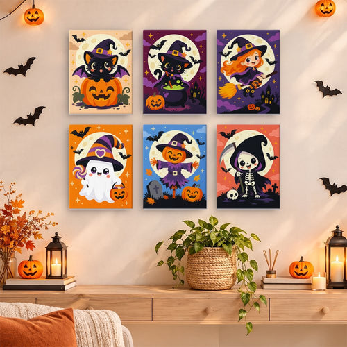 Big Moon Mini Monsters mini paint by numbers set hung as a small Halloween gallery wall