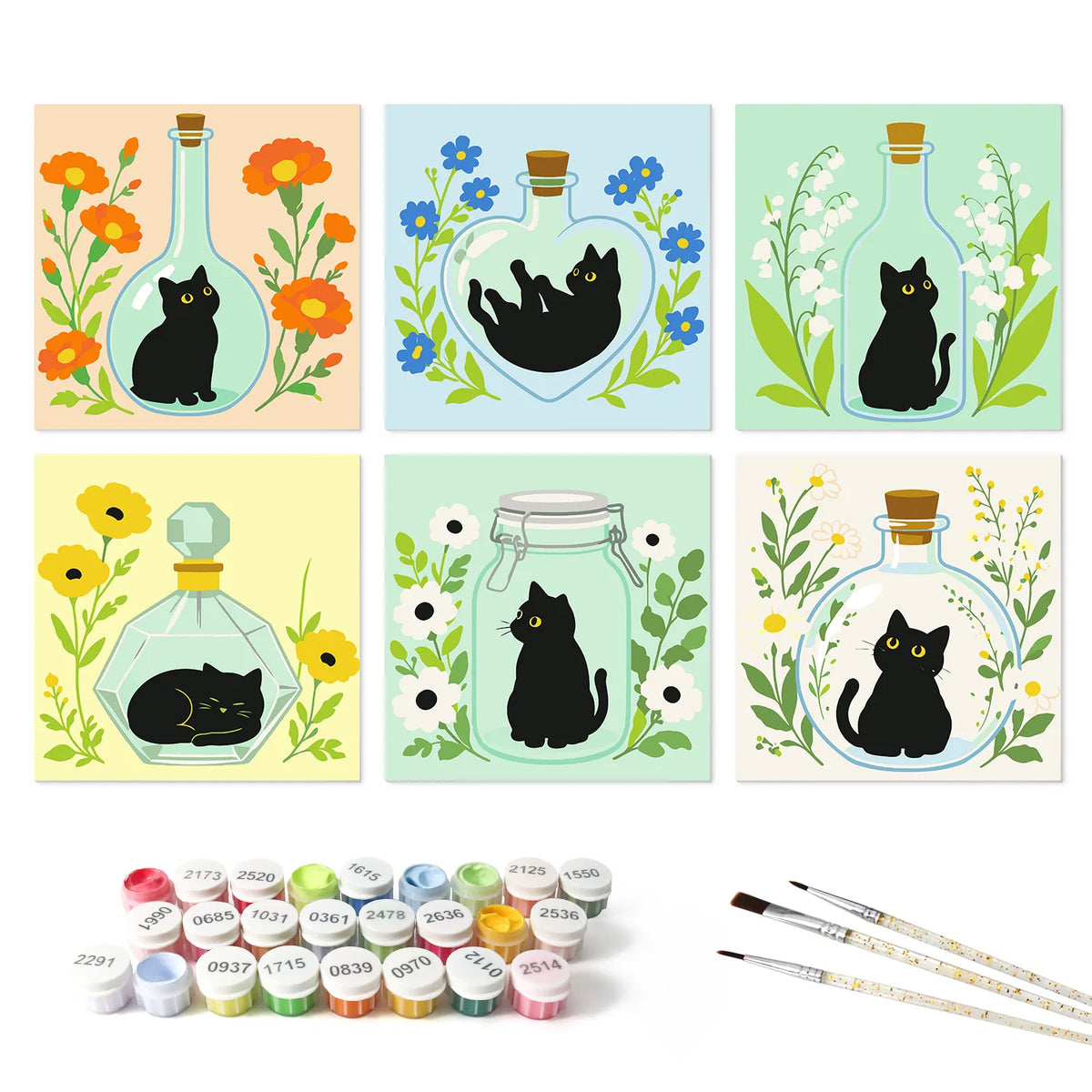 Black Cat in Bottles mini paint by numbers set mockup