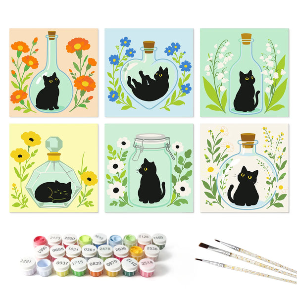 Black Cat in Bottles mini paint by numbers set mockup