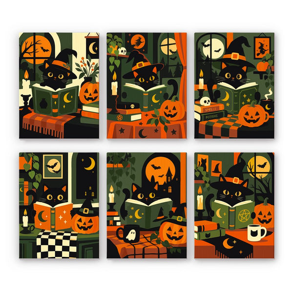 Black Cats & Spellbooks mini paint by numbers set showing all six Halloween designs