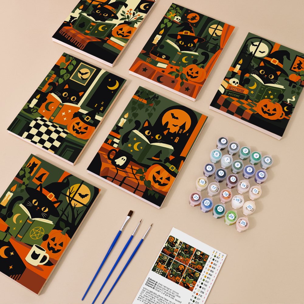 Black Cats & Spellbooks kit contents with six numbered canvases, paints, brushes and reference sheet