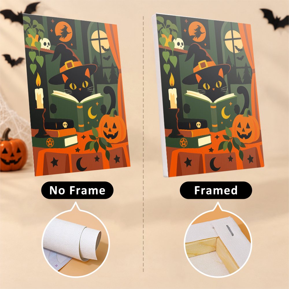 Black Cats & Spellbooks canvas shown rolled with no frame and pre-stretched on a frame