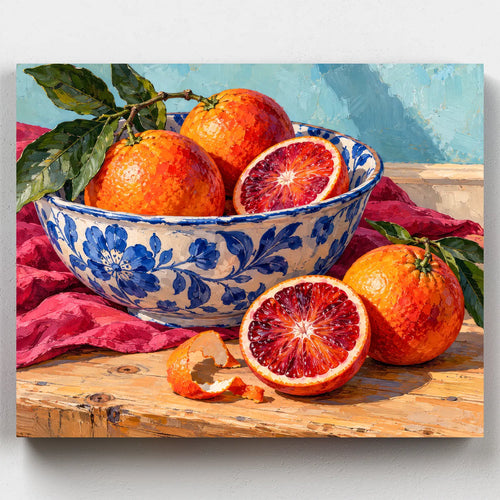 Blood Oranges and Delft paint by numbers kit with halved blood oranges in a blue and white bowl on a red cloth