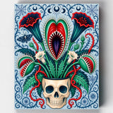 Bloom of the Damned. A skull entwined with carnivorous, fanged blossoms and thorned vines makes for a striking gothic botanical Halloween paint by numbers kit.