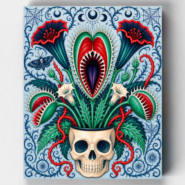 Bloom of the Damned. A skull entwined with carnivorous, fanged blossoms and thorned vines makes for a striking gothic botanical Halloween paint by numbers kit.