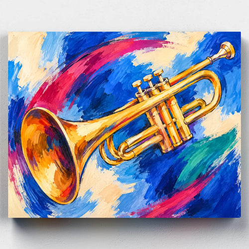 Blue Note Brass paint by numbers kit with a golden trumpet over swirling blue and magenta brushstrokes