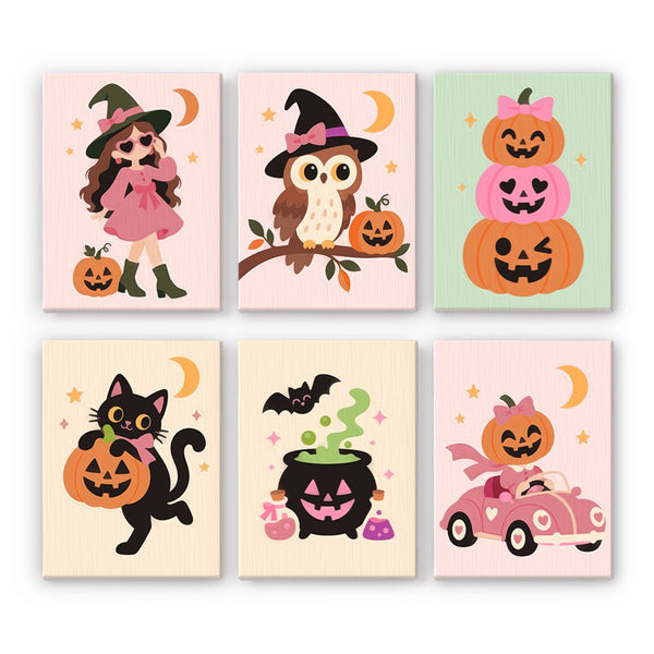 Blush Pink Spooks mini paint by numbers set showing all six Halloween designs