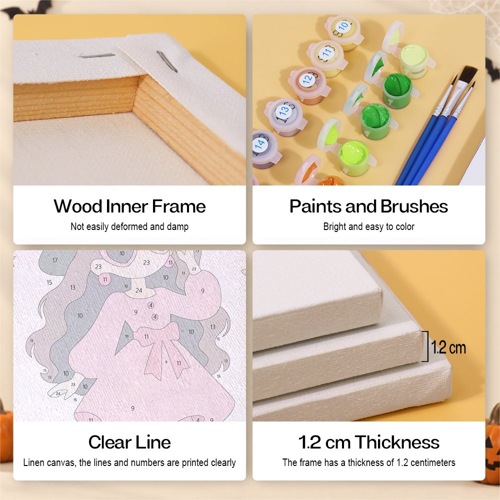 Canvas, wood frame, paint and brush details for the Blush Pink Spooks mini set