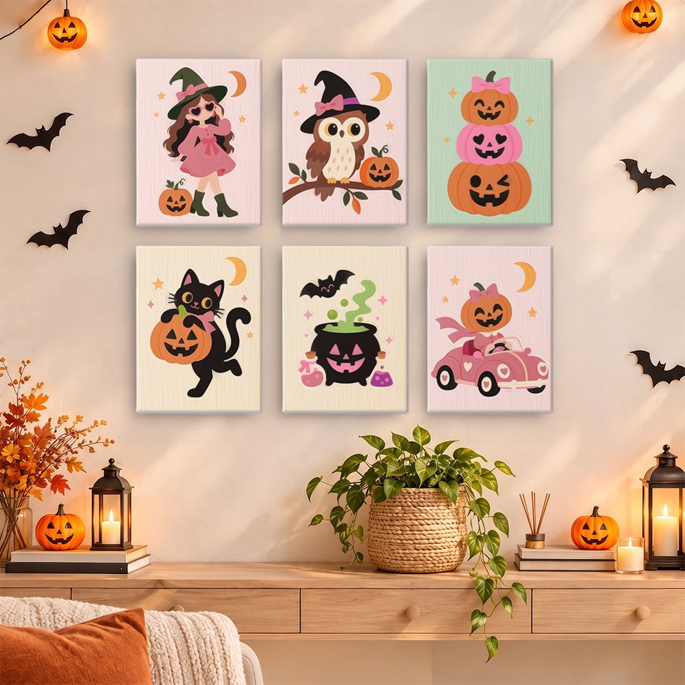 Blush Pink Spooks mini paint by numbers set hung as a small Halloween gallery wall