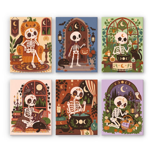 Bohemian Bones mini paint by numbers set showing all six Halloween designs