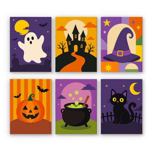 Bold Halloween Shapes mini paint by numbers set showing all six Halloween designs
