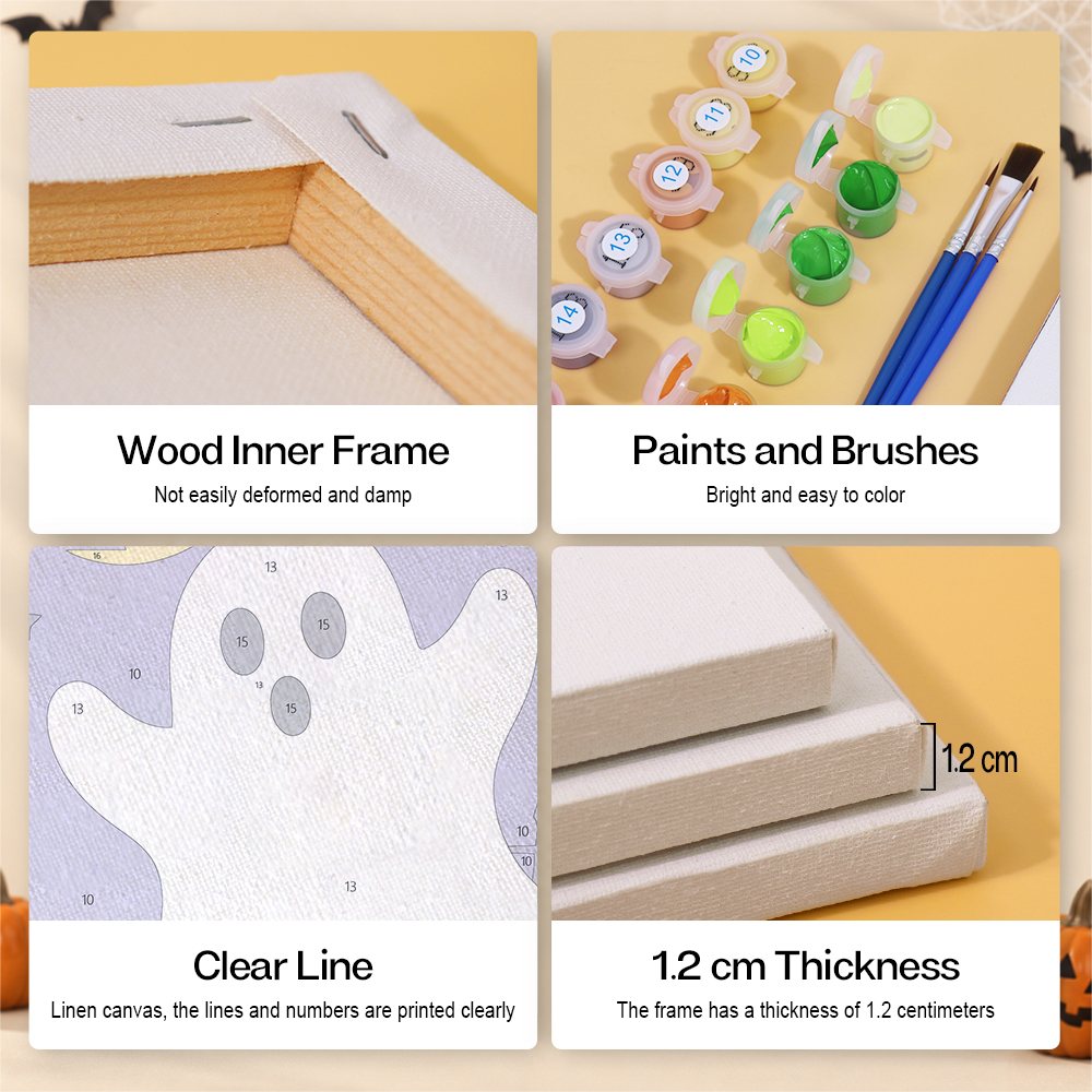 Canvas, wood frame, paint and brush details for the Bold Halloween Shapes mini set
