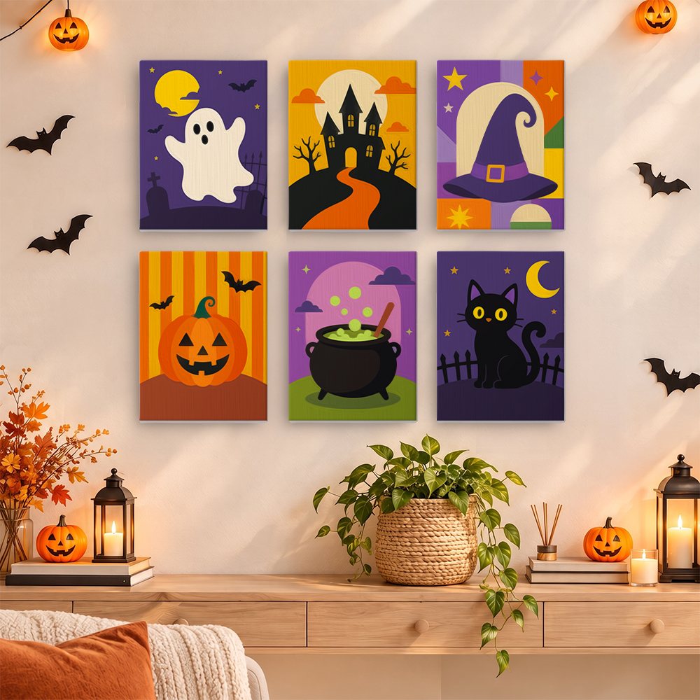 Bold Halloween Shapes mini paint by numbers set hung as a small Halloween gallery wall