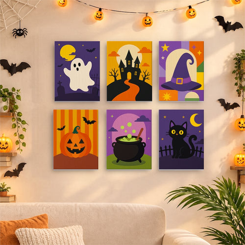 Bold Halloween Shapes mini canvases displayed together in a cozy Halloween living room