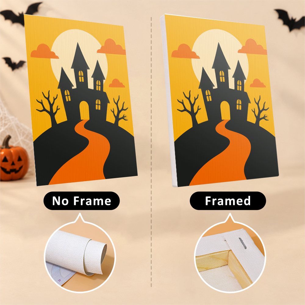 Bold Halloween Shapes canvas shown rolled with no frame and pre-stretched on a frame