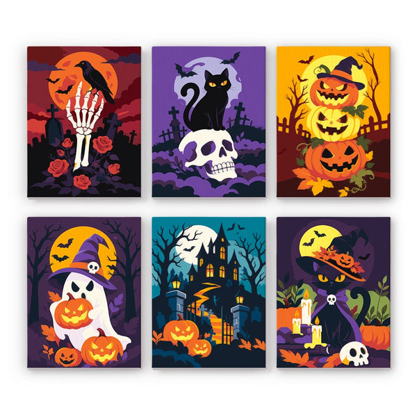 Bone Hand & Black Cat mini paint by numbers set showing all six Halloween designs