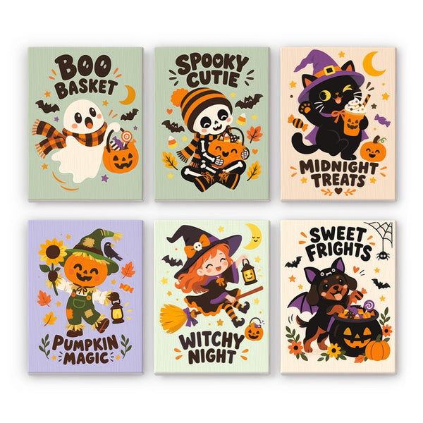 Boo Basket Sayings mini paint by numbers set showing all six Halloween designs