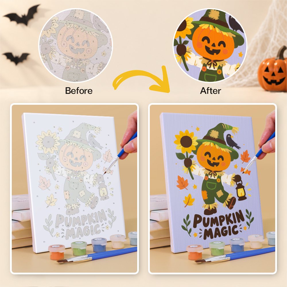 Before and after painting a Boo Basket Sayings mini canvas