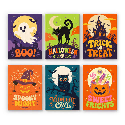 Boo! Hand Lettering mini paint by numbers set showing all six Halloween designs