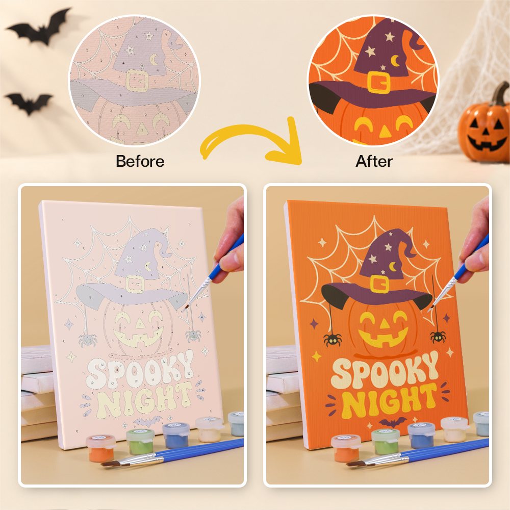 Before and after painting a Boo! Hand Lettering mini canvas