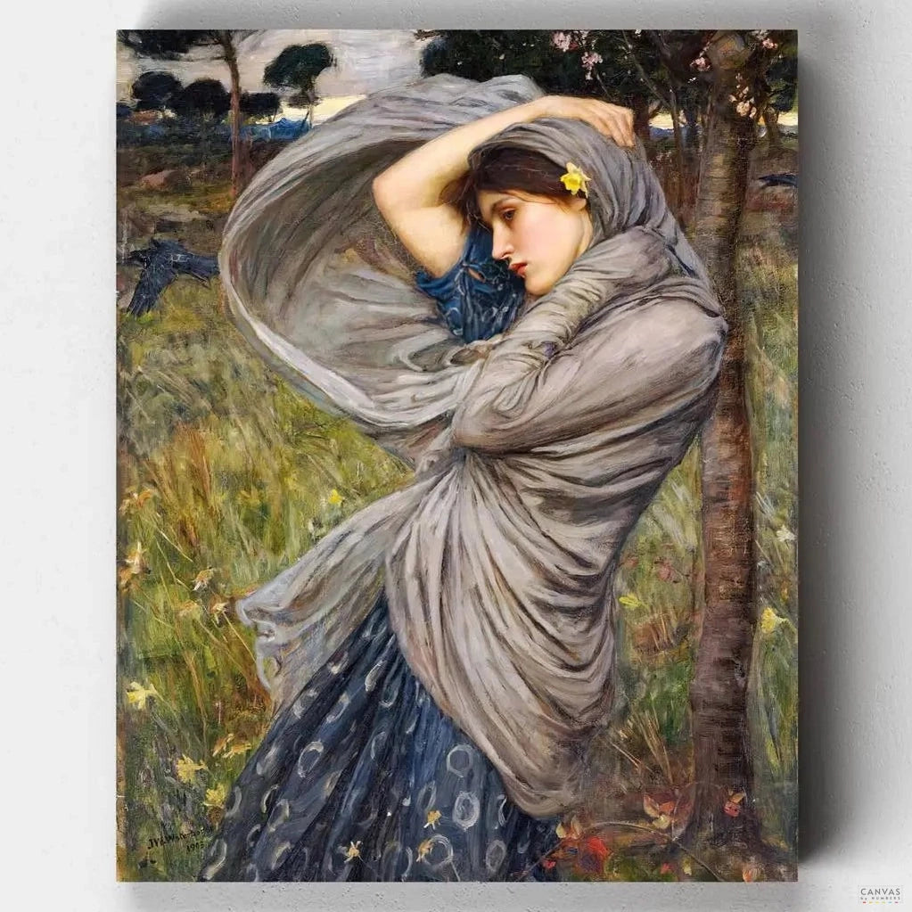 Boreas (1903) - Paint by Numbers-In wind-blown draperies of slate color and blue, a girl passes through a spring landscape accented by pink blossoms and daffodils in this paint by numbers.-Canvas by Numbers