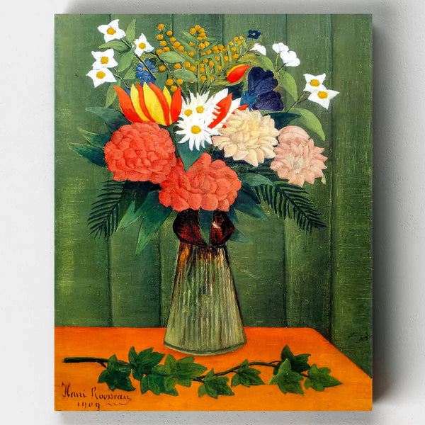 Floral arrangement painting on a green background with an orange border