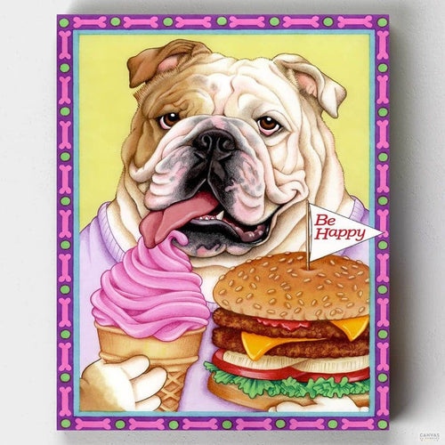 Bulldog Hamburger. This gorgeous bulldog knows how to enjoy life! A funny dogs paint by numbers kit for everyone to cheer your home space up! Only at Canvas by Numbers.
