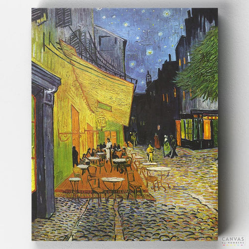 Cafe Terrace at Night. Recreate the iconic Cafe Terrace at Night Painting by Vincent Van Gogh with our advanced Paint by Numbers kit. Experience the magic of Arles, France, on canvas.