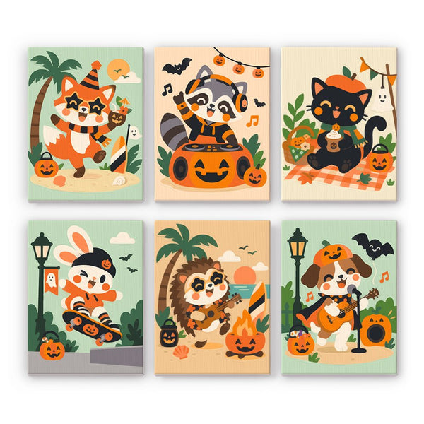 Campfire Band Critters mini paint by numbers set showing all six Halloween designs