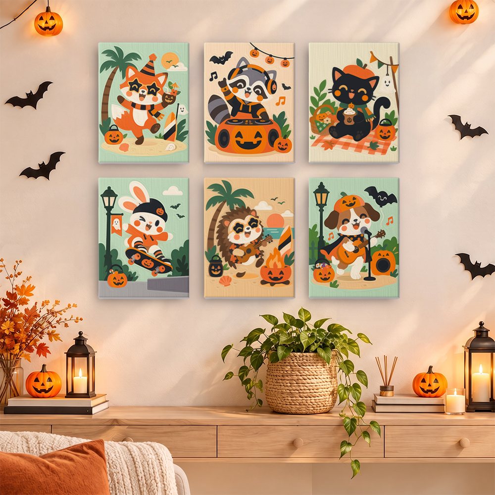Campfire Band Critters mini paint by numbers set hung as a small Halloween gallery wall