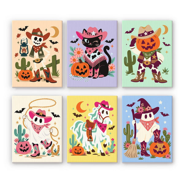 Candy-Colored Cowpokes mini paint by numbers set showing all six Halloween designs