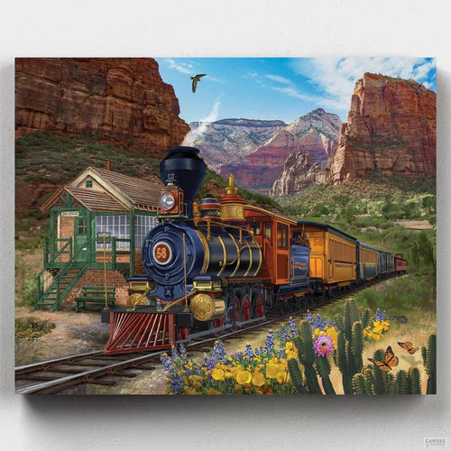 Canyon Express. The Canyon Express crosses Arizona under a clear blue sky. All painters aboard for this magnificent ride! Enjoy this paint by numbers for train enthusiasts.