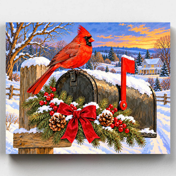 Cardinal's Christmas Mail. A red cardinal on a snowy mailbox with pine and a red bow at sunset in this Christmas paint by numbers kit.