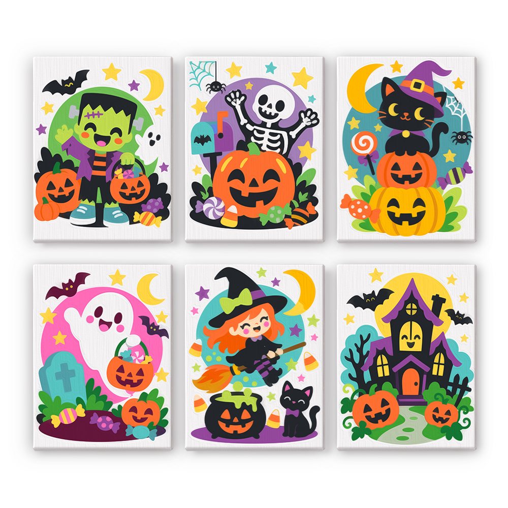 Cartoon Monster Mix mini paint by numbers set showing all six Halloween designs