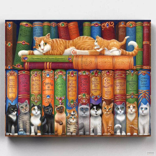 Cat Shelf. A haven for cat lovers and bookworms alike, this Cat Shelf paint by numbers kit is purr-fect for any home. Enjoy this masterpiece only at CBN!