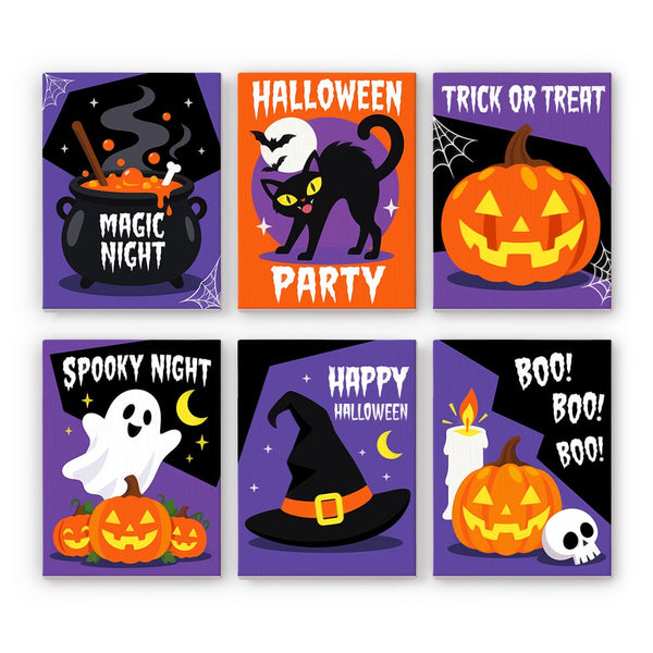 Cauldron & Candle Signs mini paint by numbers set showing all six Halloween designs