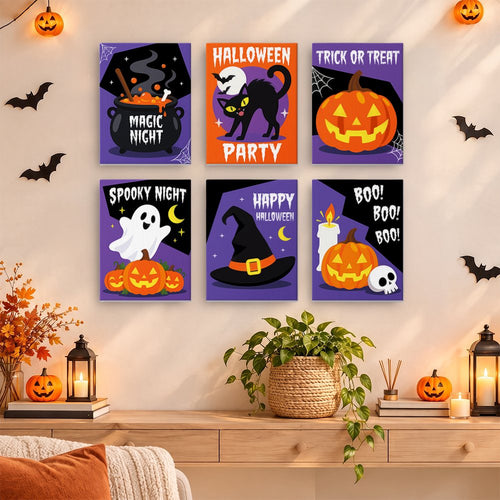 Cauldron & Candle Signs mini paint by numbers set hung as a small Halloween gallery wall
