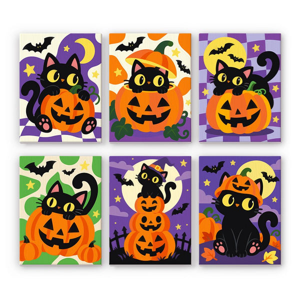 Checkerboard Kitty Lanterns mini paint by numbers set showing all six Halloween designs