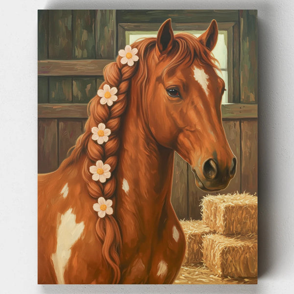 Painting of a brown horse with a braided mane featuring white flowers, standing next to hay bales.