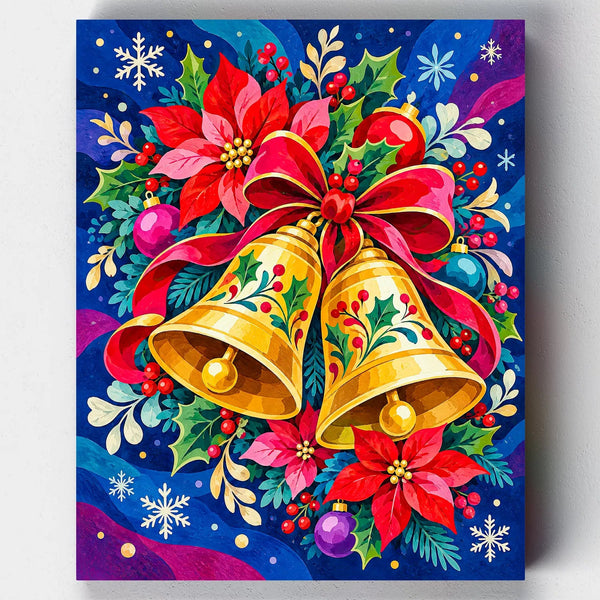 Christmas Bells in Bloom. Golden bells with red poinsettias, holly and ornaments on a blue background in this Christmas paint by numbers kit.